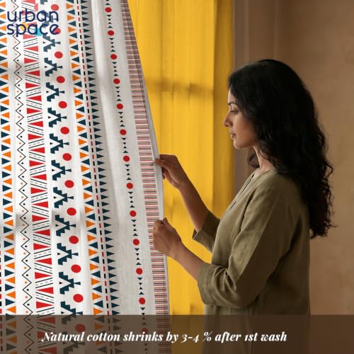 Image of Urban Space 100% Cotton Geometric Curtains For Door, Set Of 3 Curtains 8 Feet Long, 60-65% Room Darkening Curtain, Tieback & Eyelets Included With Curtain (Ikat Orange & Aura Yellow, Door- 8 Ft)