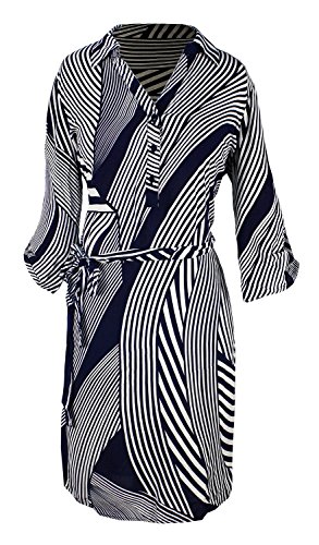 Women’s Elegant Soft Striped Button V Neck Shift Dress 3/4 Sleeves4