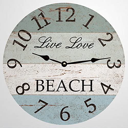 Live Love Beach Wall Clock Beach Time Clock Silent Non-Ticking Clock 12 Inch Battery Operated Wooden Home Decor for Kitchen Living Room Bathroom Office Gift Idea