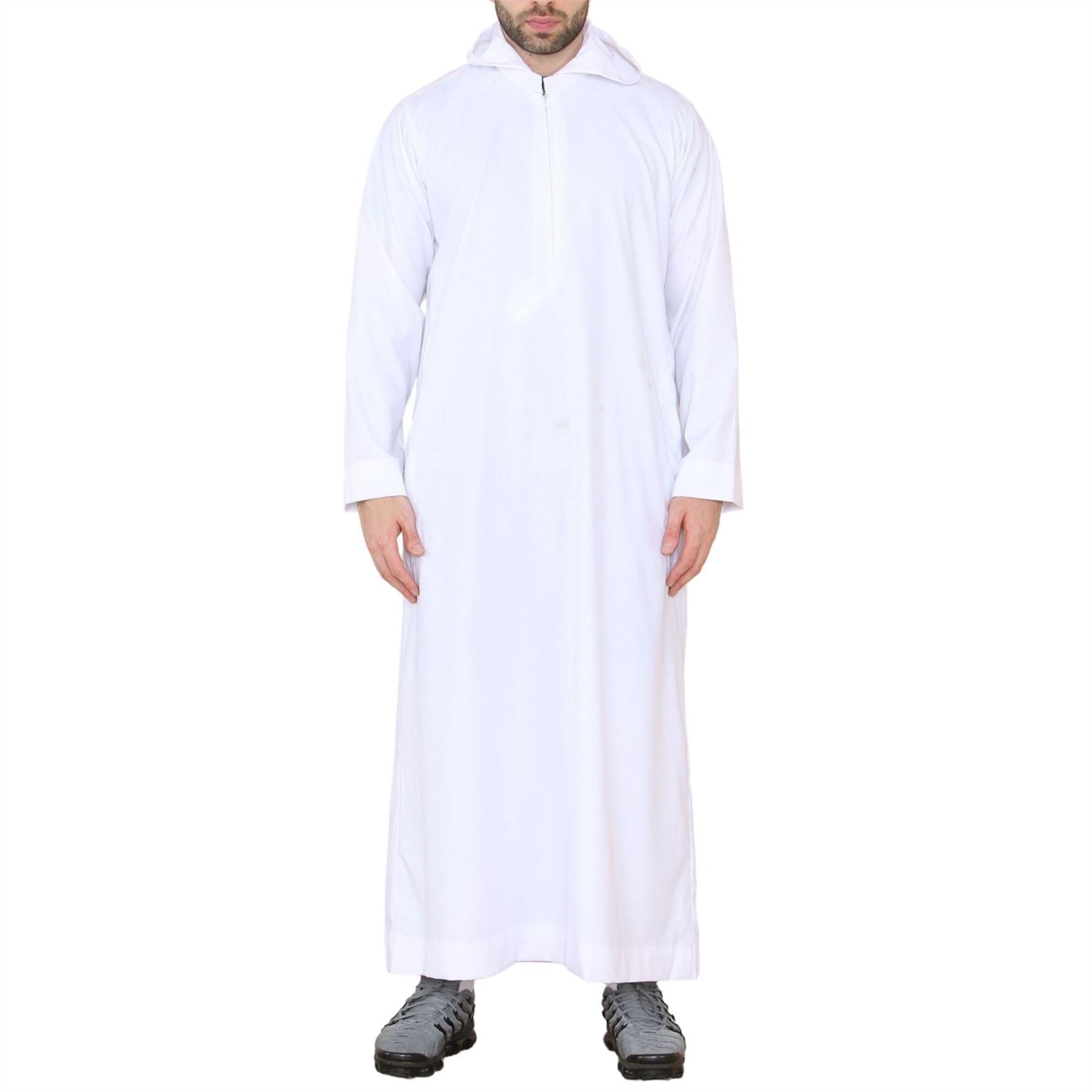 Thobez Men's White Hooded Thobe Nehru Collar Islamic Clothing Muslim Kaftan Robe Saudi - Medium - Slim