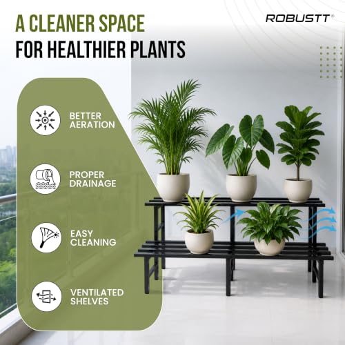 Image of Robustt 2 Tier Metal Plant Stand | Heavy-Duty Plant Rack with Powder-Coated Metal Frame | Stable 6-Leg Design | Supports Up to 300 kg | Convertible Plant Stand for Balcony, Garden & Office