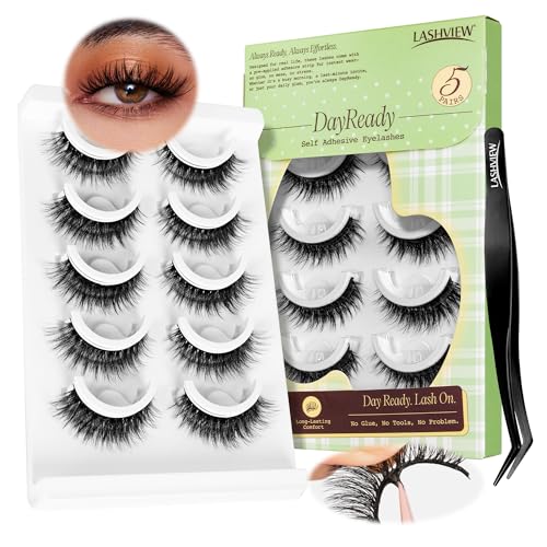 LASHVIEW Self Adhesive Eyelashes Natural Look Press On Lashes No Glue Need Eyelashes Reusable Cat Eye Wispy Self-adhesive False Lashes with Replacement Strips 5 Pairs(CV122)