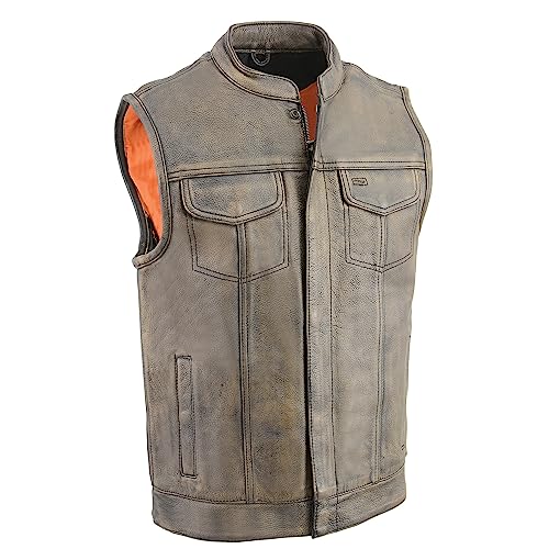 Milwaukee Leather Men's Open Neck Distressed Brown Snap/Zip Front Club Style Vest MLM3510 - Main Image