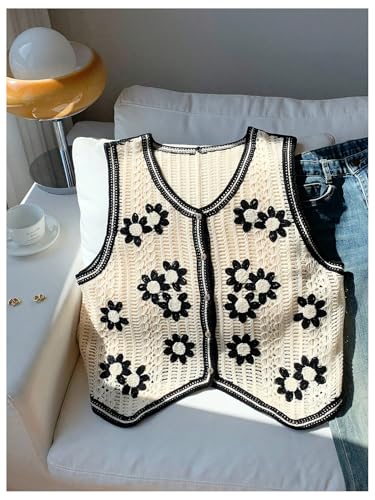 Image of Verdusa Women's Sweater Vest Button Front V Neck Sleeveless Crochet Plaid Checkered Knit Sweater Vest