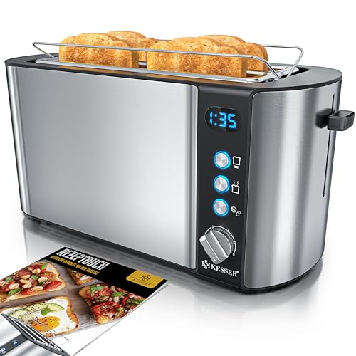 KESSER® Tostadora con Accesorio para Panecillos, 6 Niveles de Tostado + Función de Descongelación y Recalentamiento, Incl. Bandeja recogemigas y Libro de Recetas, Negro/Plata