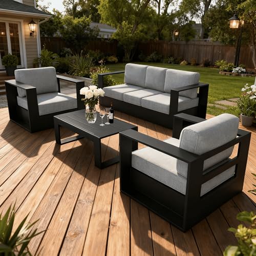 LayinSun Oversized Aluminum Outdoor Furniture Set, 4 Piece Patio Sofa Sets with Coffee Table, Deep Seating and Upgraded 6-inch Cushions for Porch, Balcony, Deck