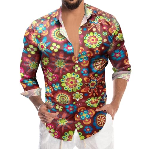 Bauzuoyo Camisa hippie de los años 70 para hombre, diseño de flores hawaianas, manga larga, casual, regular, floral, negocios, ocio, rojo, S