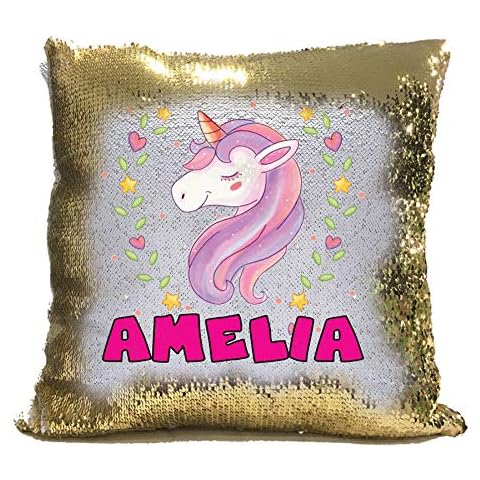 Personalised - MAGIC SEQUIN Unicorn Cushion Gold and White Sequin Cushion Cover