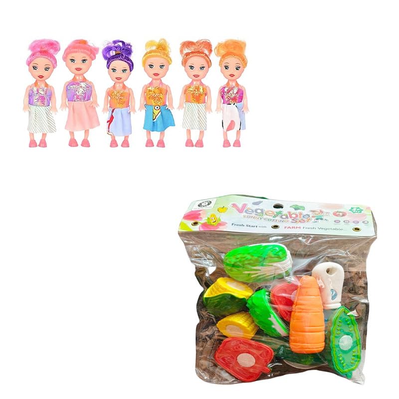 AKTOON TOYS (Combo Pack) Vegetables Cutting Play Toy Set Can Be Sliced in 2 Pieces Rattle & 6 Sisters Doll with Beautyful Hair & Movable Body Parts Doll Set - Multicolor