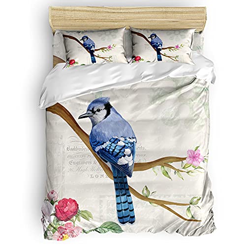 4 Pieces Bedding Bed Sheet Set Soft Microfiber Comforter Cover, Blue Jay Bird and Pink Blooming Flowers Duvet Cover Set Bed Set for Adult Teen, Easy Care California King Size Natural Art Retro Poster 4 Pieces Bedding Bed Sheet Set Soft Microfiber Comforter Cover, Blue Jay Bird and Pink Blooming Flowers Duvet Cover Set Bed Set for Adult Teen, Easy Care California King Size Natural Art Retro Poster