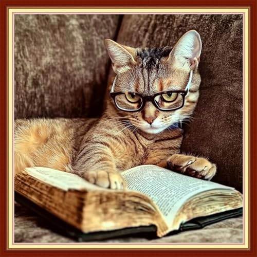 Image of Joyhoor Stamped Cross Stitch Kits for Beginners Needlepoint Kits for Adults Embroidery Kits 11CT Counted Cross Stitch Kits Printed Embroidery Pattern-Cat Reading 18x18 inchs