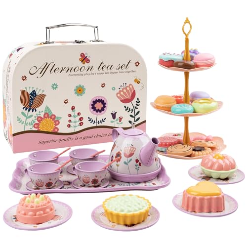 Tea Party Set for Little Girls, 48PCS Princess Tea Time Toy Playset, Kitchen Pretend Play Include Teapot Dishes Dessert & Carrying Case, 3 Year Old Girl Gifts(Flower Design) (48)