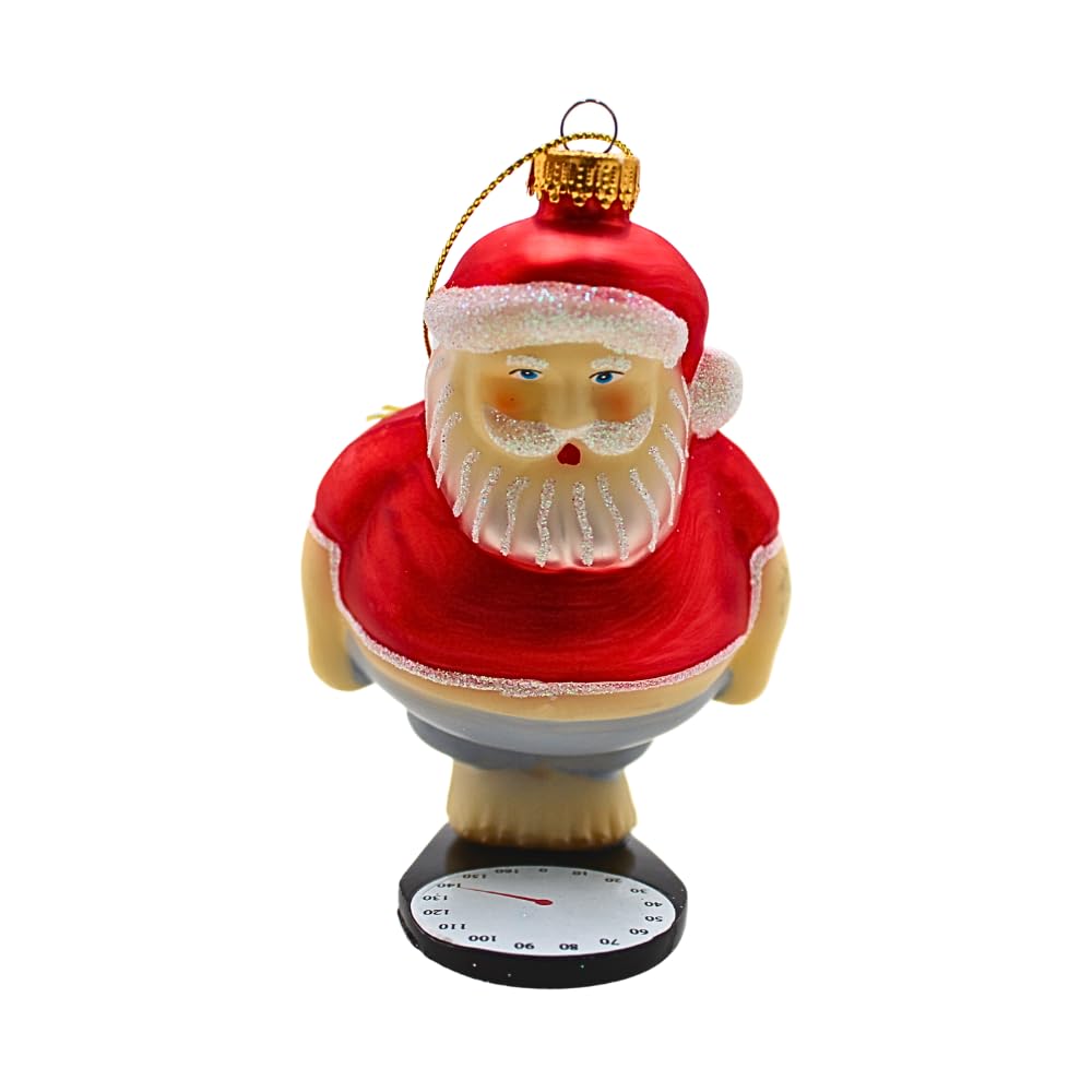 Dekohelden24 Lauschaer Christmas Tree Decoration - Christmas Tree Bauble Lauscha Glass Ornament Santa Claus on Scales in Red, L x W x H 7 x 5 x 10 cm