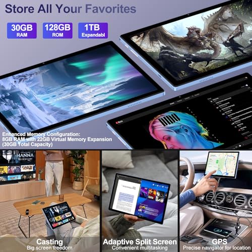 Image of 2026 Android 15 Tablet with Keyboard | Gemini AI, 30GB+128GB Octa-Core Electronics Tablets w / 10 Inch IPS HD Display, 8000mAh, 5G WiFi, 1TB Expand, Mouse+Case, BT 5.0, Widevine L1, Metal Body -Blue