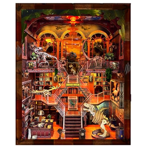 Book Nook Kit - DIY Booknook for Dinosaur Museum 3D Wooden Puzzle with LED Light, Stunning Bookshelf...