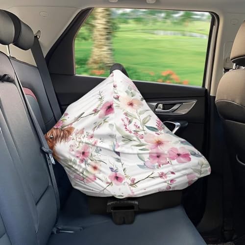 Image of Wanyint Highland Cow Floral Pink Baby Car Seat Covers Cute Carseat Canopy for Babies Boys Girls Multi-use Nursing Breastfeeding Covers Nursing Scarf