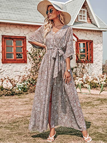 Image of ANRABESS Womens 1 /2 Sleeve Beach Wedding Guest Maxi Dresses 2026 Summer Wrap V Neck Boho Floral Flowy Slit Long Dresses