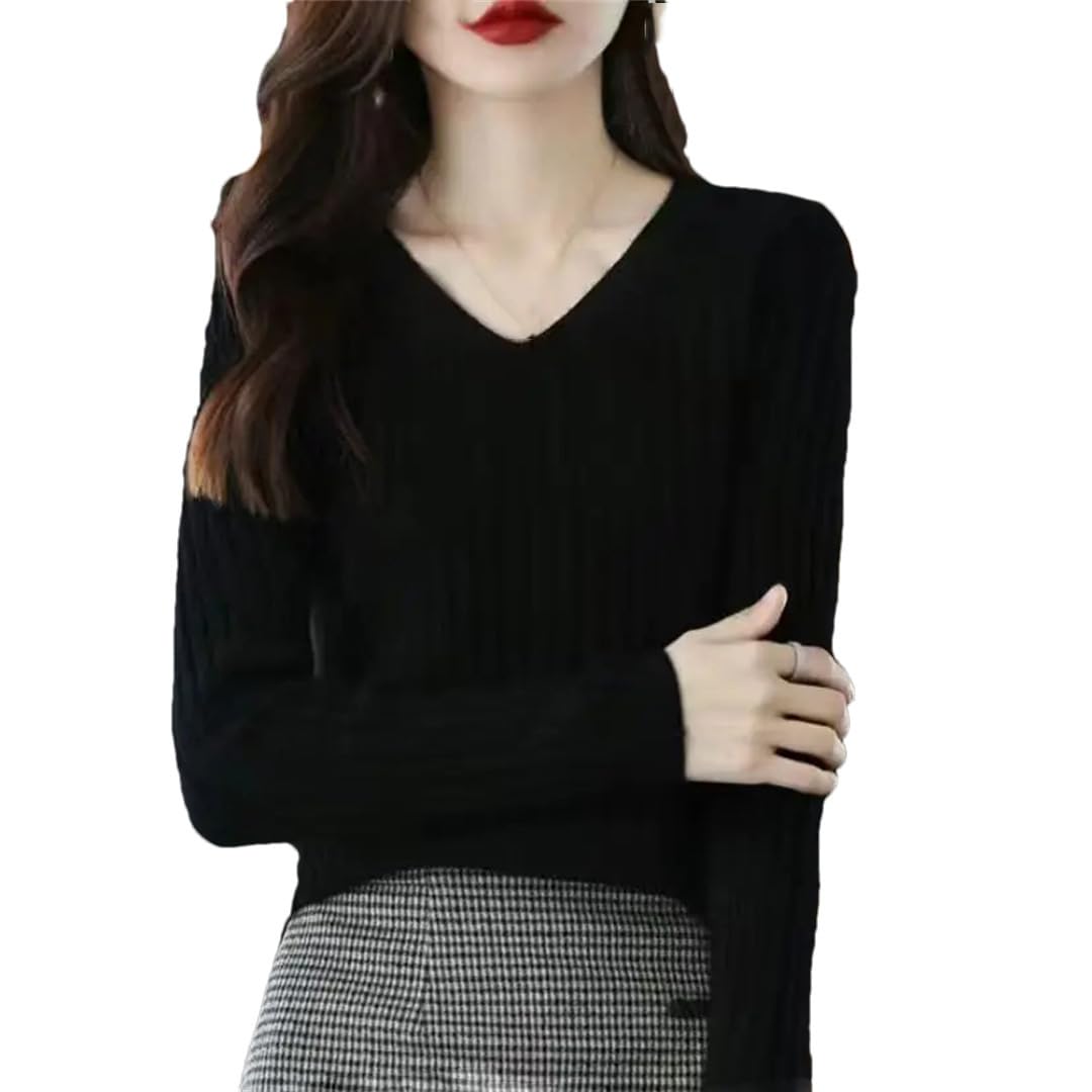 Jesienny sweter z dekoltem w serek damski solidny obcisły wszechstronny sweter dzianinowy top