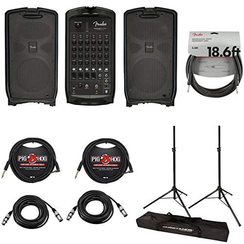 Fender Passport Event 375W 7 Channel Portable PA System with Bluetooth - Bundle With Tripod-Style Speaker Stand Pair, 2x 15 8mm XLR Mic Cable, 2x 10 Instrument Cable, 20 Instrument Cable Black