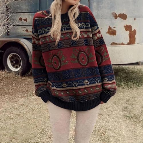 Image of Women Vintage Striped Pullover Sweater Y2k Long Sleeve Crew Neck Loose Knit Sweaters Fall Winter Knitwear