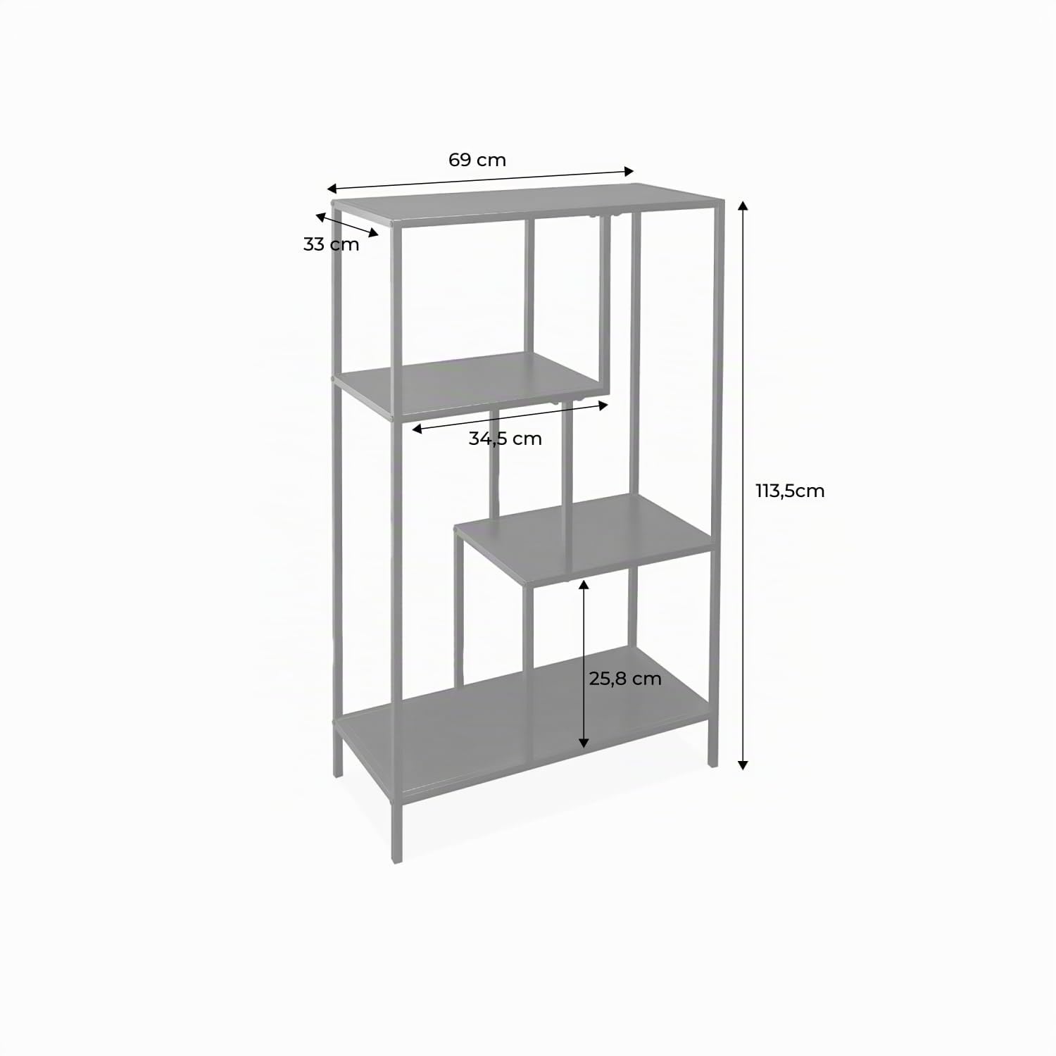 Bücherregal aus schwarzem Metall asymmetrisch 4 Ebenen B 69 x T 33 x H 113,5cm - Industrielle