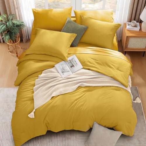 Image of Queen Comforter Set-7 Pieces Soft Prewashed Bed in a Bag Queen Bedding Sets | All Season Comforter with Sheets, Pillow Shams & Pillowcases,Yellow