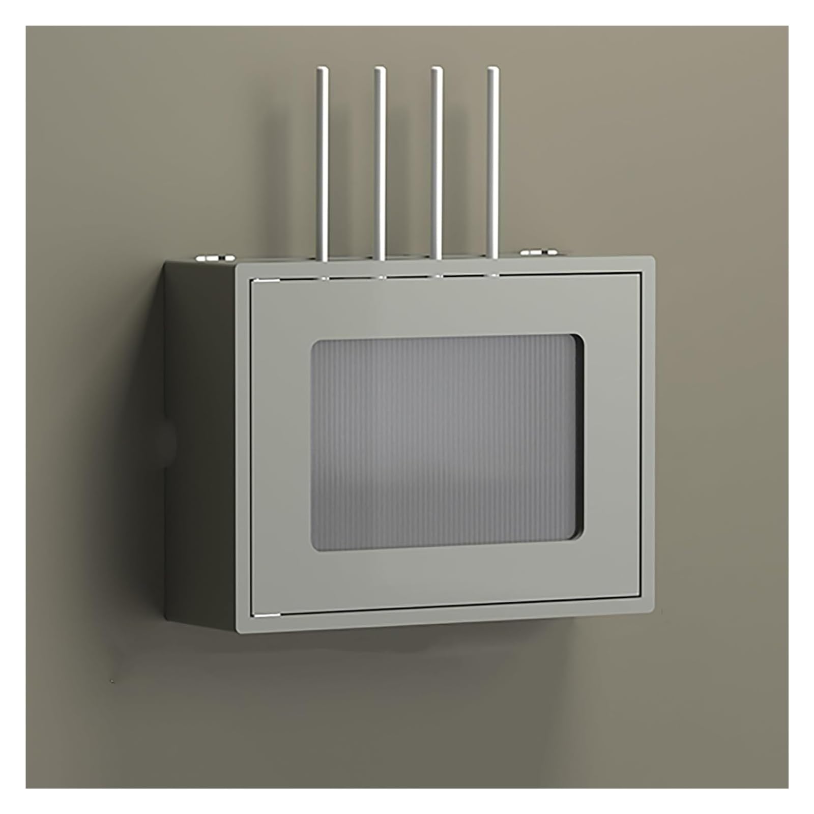 Boîte de rangement WiFi en bois gris pour un salon design épuré