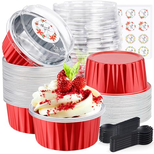 ZOXILEN 30Pcs Christmas Mini Cake Pans with Lids Aluminum Foil, Disposable Mini Baking Pan with Lids Spoons 5oz/125ml, Round Small Loaf Pans Cake Tins Cheesecake Containers for Party Red