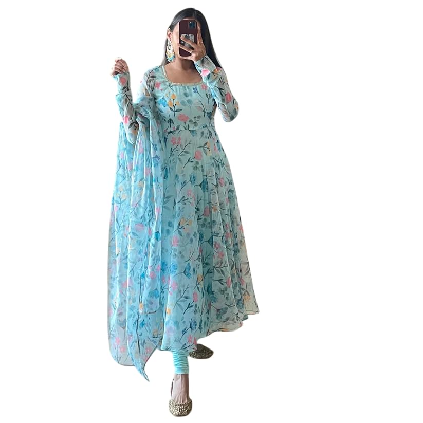 Women's Sky Blue Floral Print Georgette Anarkali Kurta with Churidar and Dupatta Set-image-39