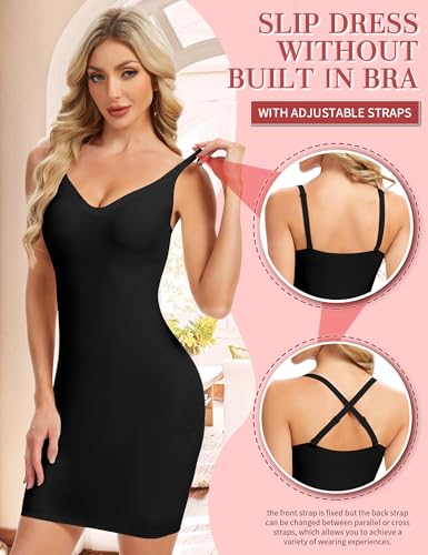 SLIMBELLE Body Shaper For Women Under Dress Tummy Control Seamless Shapewear Slip V Neck Adjustable Strap Slimming Dresses Black S - image 3