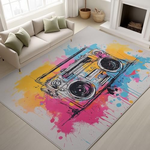 Alfombra Salon 140 x 200 cm, Alfombra Dormitorio Matrimonio Carpet Rugs for Living Room Alfombras Lavables, Música De Moda Radiocasetera Comedor Habitacion, Azul-Rosa Verde Oscuro