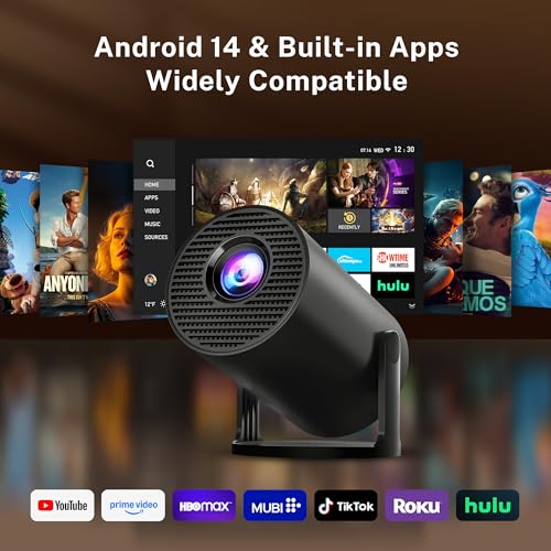 Image of Mini Projector with WiFi 6 and Bluetooth 5.4 Auto Vertical Keystone Built-in Android 14 OS, 1080P 4K Supported Portable 180 Rotatable Projector for Home Cinema Outdoor, Phone Remote Control X1 Black