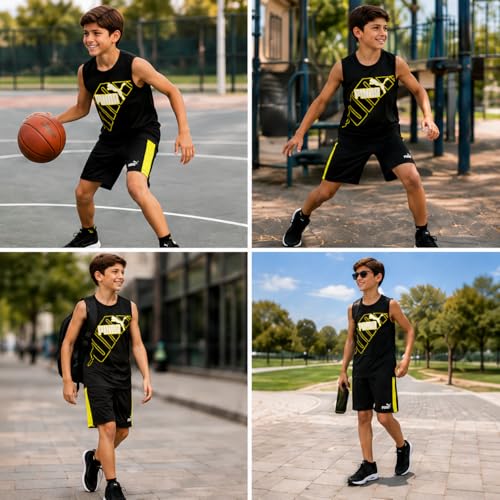 Image of PUMA Active Boys Shorts Set - 2 Piece Dry Fit Sleeveless Basketball Boys Athletic Shirts and Boy Shorts Matching Set (4-16)