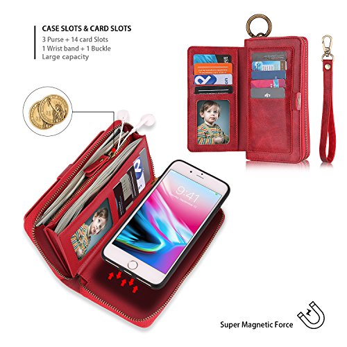 iPhone 7 Plus Wallet Case - JAZ Zipper Purse Detachable Magnetic14 Card Slots Card Slots Money Pocket Clutch Leather Wallet Case for iPhone 8 Plus/iPhone 7 Plus Red