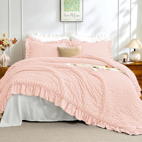 Image of JOLLYVOGUE Blush Pink Full Comforter Set,3pcs Seersucker Comforters Full Size