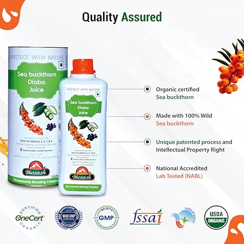 Image of Biosash Sea Buckthorn DIABO Juice 750ml | From Certified Organic Berries, Cold-Pressed | Rich in Omega 3 6 7 9, Vitamins & Antioxidants | Herbal extracts for Sugar control | No Added | 150 Serves