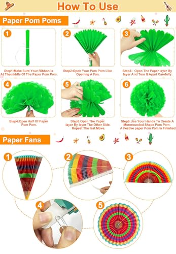 Image of TURNMEON 38 Pcs Fiesta Party Decorations, Mexican Party Decorations 18 Colorful Hanging Paper Fans 18 Pom Poms Pennant Garland String for Mexican Decorations Taco Tuesday Birthday Hawaiian Luau Party