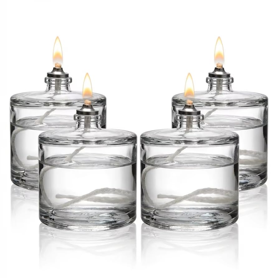 Öllampe 4er Set | Leere Nachfüllbare Öllampen aus Glas 60 ml – Geruchlose Petroleumlampe | Stilvoller Glaskerzenhalter für Wohnraum, Garten & Haushalt | Dekorative Öllampe Docht für drinnen & Home
