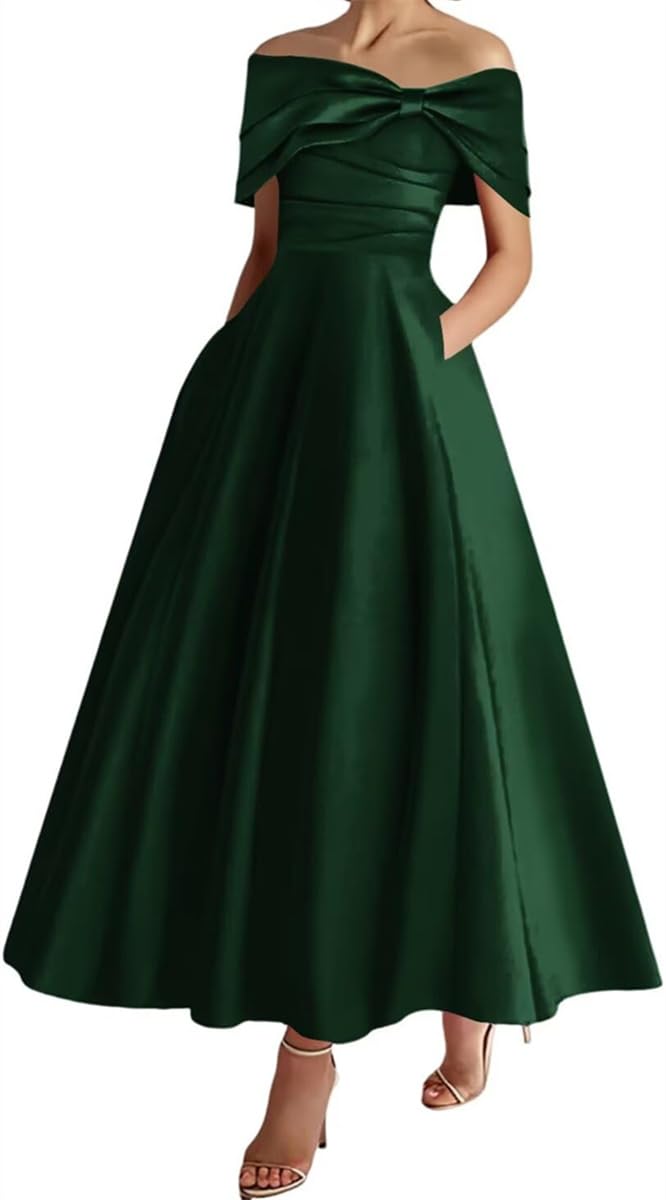 Sayno Women's Dark Green Satin Formal Evening Party Gowns Cold Shoulder Casual Wedding Dresses Pleats Grace Bridal Gowns Hlsa163 Uk14