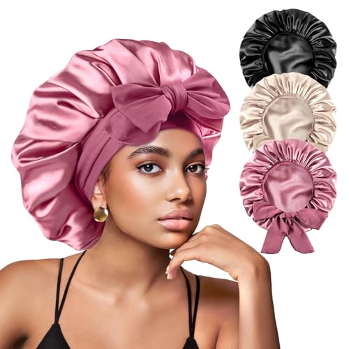 Yanideer 3 pcs Adjustable Satin Bonnets for Sleeping Double Layer Satin Lined Hair Bonnet with Tie...