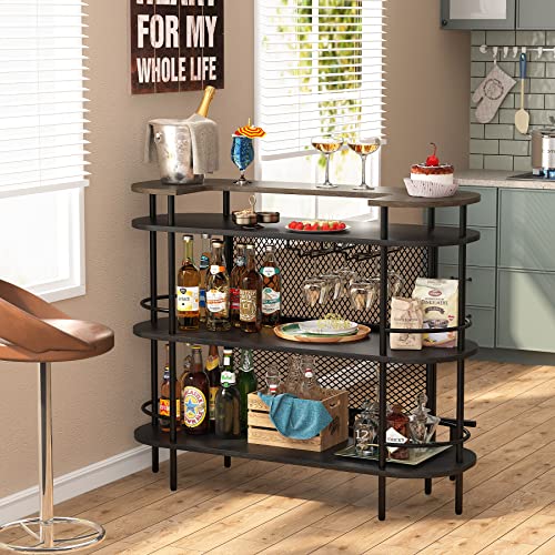 Tribesigns Bar Unit For Liquor, 4 Tier Bar Table With Storage Shelves And Foot Rail, Corner Mini Bar Cabinet With Wine Glasses Holder For Home/Kitchen/Bar/Pub, Black And Walnut #TOP3