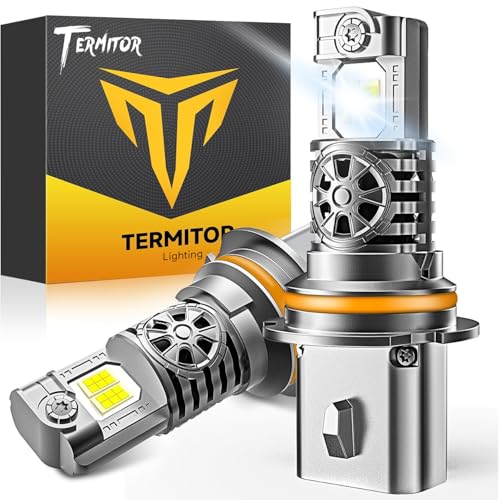 Termitor Upgraded 9007/HB5 Bulbs, 50,000LM Ultra Bright High/Low Beam, 6500K Cool White IP68 Waterproof, 9007 Fog Light 1:1 Mini Size with Cooling Fan, 70000+ Hours Lifespan, Plug and Play, Pack of 2