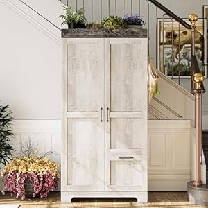 72”H Wardrobe Closet, 2 Door Farmhouse Armoire with Hanging Rod & Hooks, Storage Cabinet for Bedroom, Rustic White (35″ W x 72”H x 20″ D)