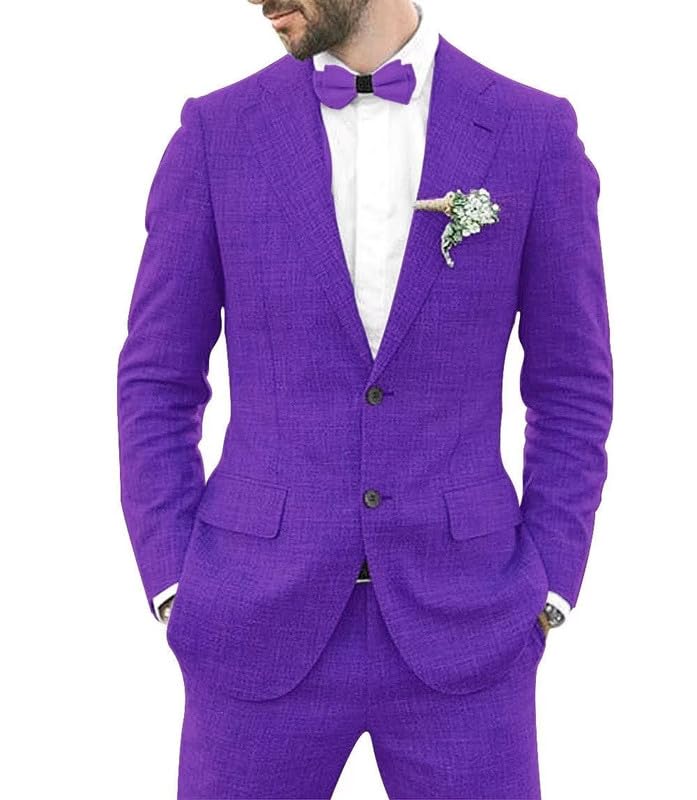 Mens Suit Slim Fit - 2 Piece Suits for Men Linen Wedding Groosmen Prom Party Linen Blazer Pants Suit