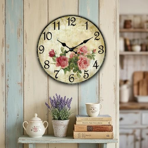 Image of CHYLIN Wall Clock Pink Rose Silent Battery Operated Kitchen Home Decor