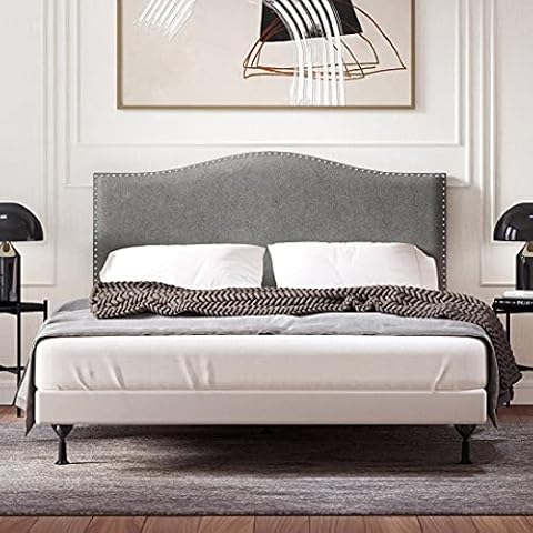 Glenwillow Home Kameli Nailhead-Trim Camelback Upholstered Headboard, Stone, Full/Queen Cover