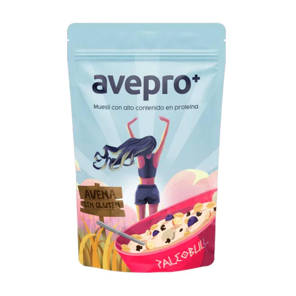 Avepro+ Paleobull 350 g, avena sin gluten con proteína vegetal, cacao y avellanas, alto en proteínas y fibra, vegano, sin lácteos ni edulcorantes, sabor cacao y vainilla.