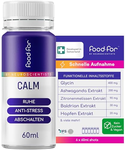 FOODFOR CALM Gaba Shot 60ml – Baldrian, Ashwagandha, Zitronenmelisse, Hopfen – Fördert Entspannung, Innere Ruhe & Stress Ruhepol – Zuckerfrei, Vegan, Schweizer 6-Pack – Kein Melatonin
