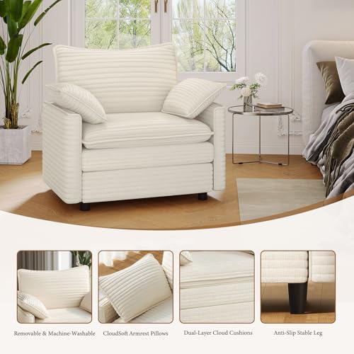 Image of Vesgantti 40 inch Single Seat Sofa, Comfy Cloud Couch Deep Seat Upholstered Couch Corduroy Modern Sofa with Armrest Pillow, Easy Assembly for Living Room, Bedroom and Apartment, Beige