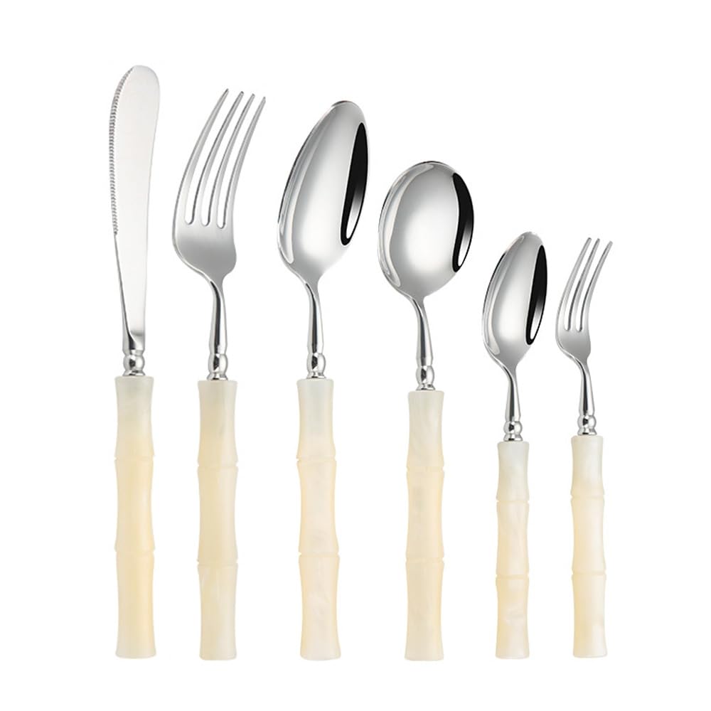 Set di Posate con Manico in Acrilico, da Cucina, in Acciaio Inox, Posate, Coltello da Bistecca, forchetta, Cucchiaio, cucchiaino da tè (Beige, Bianco, Argento, Coltello Rotondo - 6